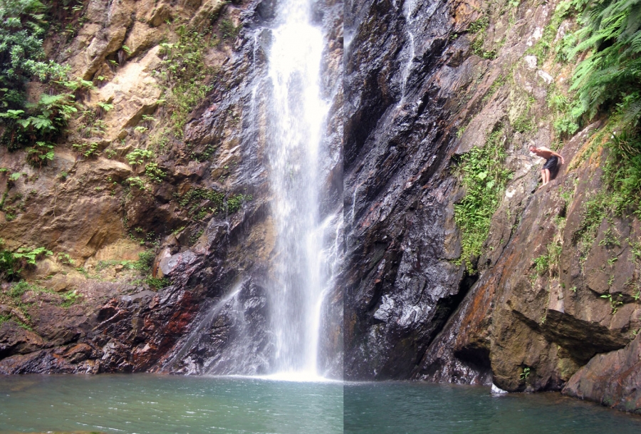 Clayton Collie jumping into pool under waterfall in Kadavu Island Fiji